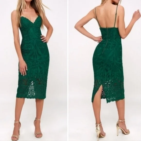 BARDOT Gia Forest Green Lace Bodycon Midi Dress Sleeveless Formal BARDOT Gia Forest Green Lace Bodycon Midi Dress Sleeveless Formal